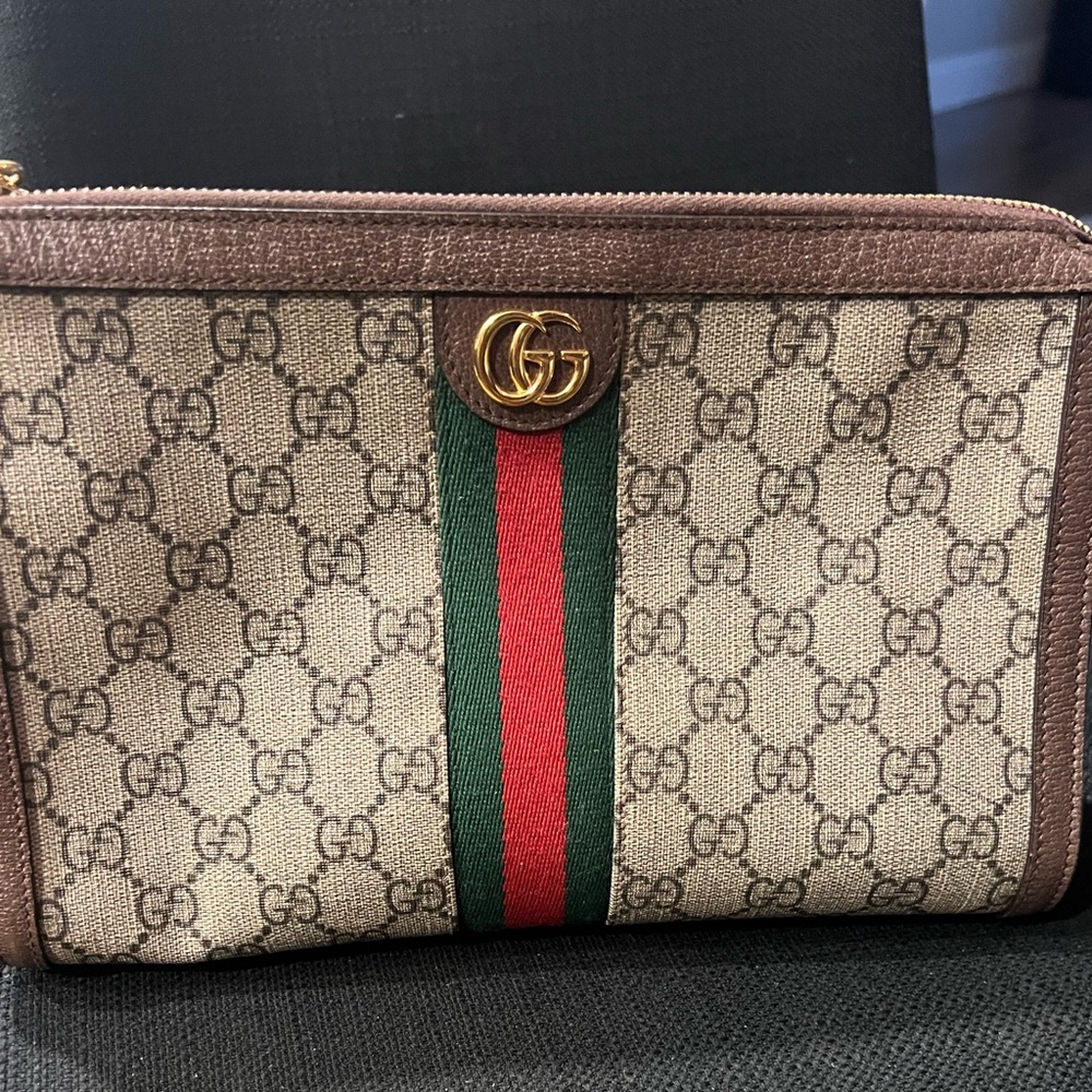 Gucci Beige and Brown Clutch with Red and Green Stripe